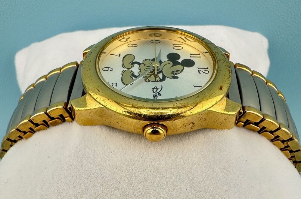 Vintage Mickey Mouse Gold Silver Tone Stretch Band Wrist Watch Tested Works - Picture 8 of 14